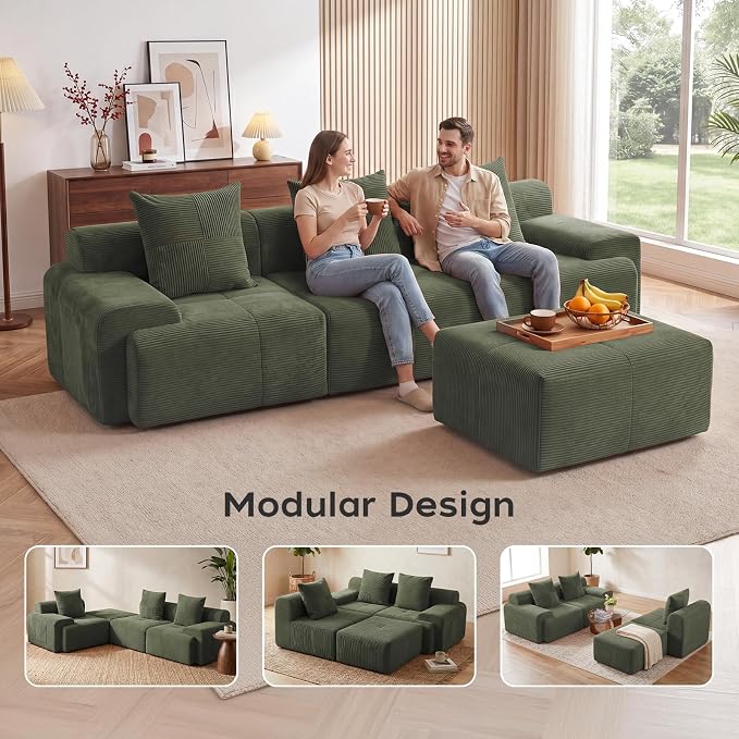 118" Sectional Boneless Oversize Modular Couches, Curved Cloud Sectional Sofa for Living Room, Corduroy U Shape Deep Seat Sofa with 2 Ottomans & 3 Throw Pillows, No Assembly Required,Green