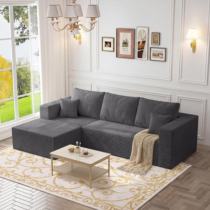108" Modular Sectional Sofa,L-Shaped Cloud Couch with Deep Seats & Chaise,Convertible Corduroy Boneless Couches for Living Room,Bedroom,No-Assembly,Grey(Left Facing Chaise)