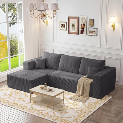 108" Modular Sectional Sofa,L-Shaped Cloud Couch with Deep Seats & Chaise,Convertible Corduroy Boneless Couches for Living Room,Bedroom,No-Assembly,Grey(Left Facing Chaise)