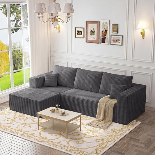 108" Modular Sectional Sofa,L-Shaped Cloud Couch with Deep Seats & Chaise,Convertible Corduroy Boneless Couches for Living Room,Bedroom,No-Assembly,Grey(Left Facing Chaise)