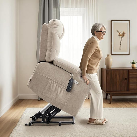 MCombo Oversized Power Lift Recliner Chair with Extended Footrest, Extra Wide for Big and Tall Elderly People, Fabric R7289 (Oatmeal, Medium-Wide)