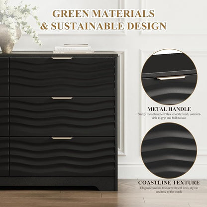 MALOL Coastline Fluted 6 Drawers Dresser for Bedroom, 55" Wide Modern Chest of TV Stand Organizers with Metal Handle, Storage Wooden Dresser Drawer for Living Room, Hallway, Closet, Black Wood