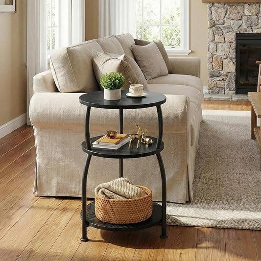 Round Side Table, 3-Tier End Table with Storage Shelf, 15.7" Wide Nightstand for Small Spaces, Tall Sofa Table Capable of Holding Laptops & Lamps, Bedside Table for Bedroom & Living Room, Black