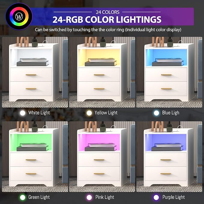 dnbss White LED Nightstand with Charging Station and 24-Color RGB Lights, Smart Night Stand with Human Sensor Lighting, Modern Bedside Table for Bedroom