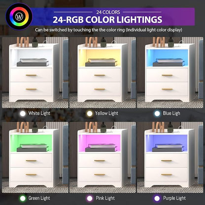 dnbss White LED Nightstand with Charging Station and 24-Color RGB Lights, Smart Night Stand with Human Sensor Lighting, Modern Bedside Table for Bedroom