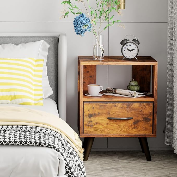 Aenuert Night Stand, Brown Nightstand with Drawer, Side Table with Open Storage, 2-Tier Modern End Table, Bedside Table for Small Space, Living Room, Bedroom