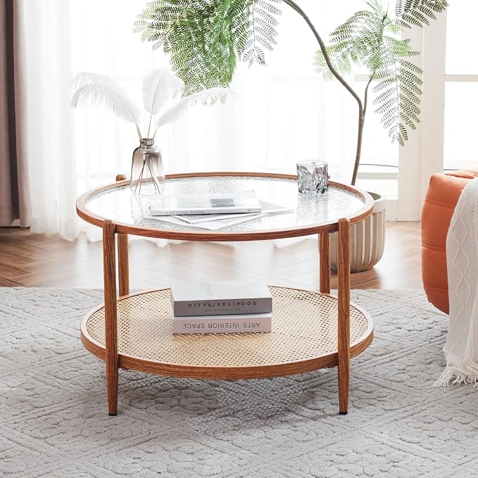 VINGLI 30" Rattan Coffee Table, Round Water-Wave Glass Metal Center Table, Modern Coffee Table with 2-Tier Storage, Farmhouse Circular Coffee Tables for Living Room and Small Space, Natural Vibe