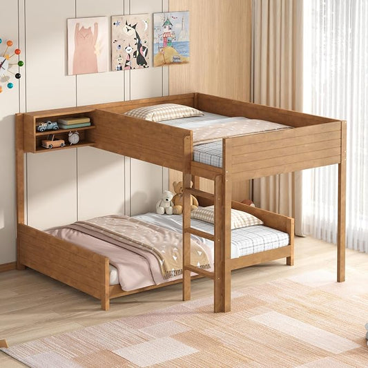 Full XL Over Full XL Bunk Bed with Built-in Storage Shelf & Ladder, Wood Bed Frame with Support Slats, Space-Saving Design, Walnut