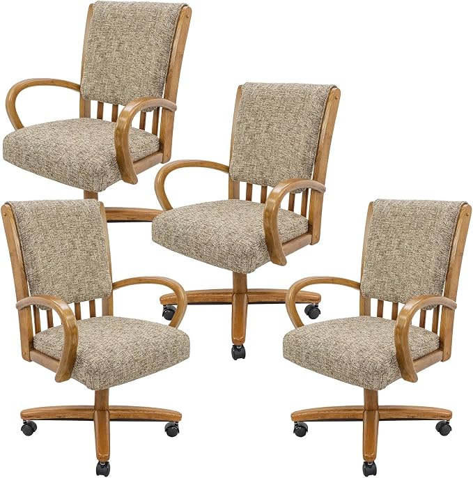 Chromcraft Set of 4 Swivel Tilt Chairs, Classic Wooden Frame Metal Pedestal Base Chairs with Wheels for Kitchen