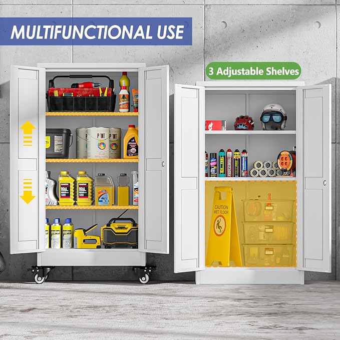 45.6" Metal Garage Storage Cabinet with Wheels and Locking Doors and Tall Rolling Steel Tool Cabinet with 3 Adjustable Shelves for Garage,Home,Office,Shop (White, 45.6''H x 23.7''W x11.8''D)