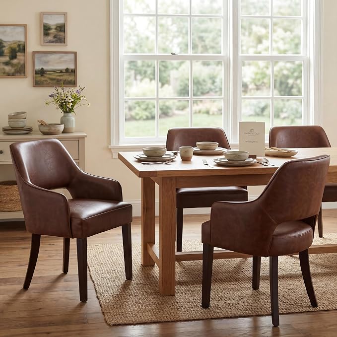 Faux Leather Upholstered Dining Chairs Set of 4 with Arms | Brown faux leather upholstery, solid wood legs, curved open back, padded seat, easy-care surface, dining room, kitchen