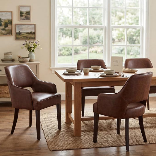 Faux Leather Upholstered Dining Chairs Set of 4 with Arms | Brown faux leather upholstery, solid wood legs, curved open back, padded seat, easy-care surface, dining room, kitchen
