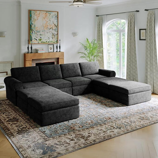 Novilla 138" Modular Sectional Sofa, Modular Sectional Couches for Living Room, Chenille Removable Cover Cloud Couch with Smarts Coil® Support U-Shaped Boneless Couch(Dark Grey, 4 Seater + 4 Ottoman)