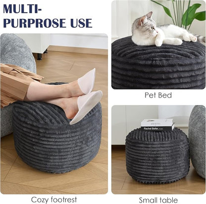 SHOUREN Stuffed Round Ottoman,Corduroy Pouf Ottoman Foot Rest with Foam Filling,Pouf Storage Ottoman Footstool for Living Room,20 X 15 Floor Poufs for Couch,Footrest Only - 20 X 15 Inches,Dark Grey