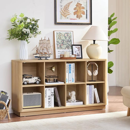 Joaxswe 8 Cube Storage Book Shelf, 52" Long Horizontal Bookshelf with Curved Edge, Floor Standing Wooden Cubby Bookcase with Base, Modern Low Console Book Case, TV Stand for Living Room, Natural Oak