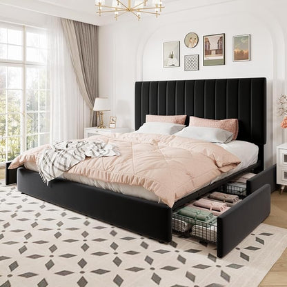 Allewie King Size Storage Bed Frame, Vertical Channel Tufted Adjustable Headboard, Velvet Upholstered Platform Bed with 4 Oversized Underbed Drawers, Wooden Slats Support, No Box Spring Needed, Black