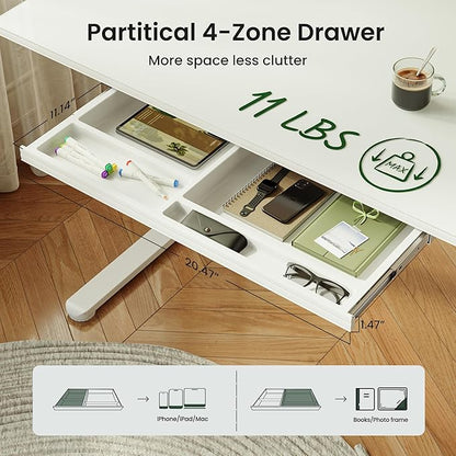 CubiCubi 48x24 Standing Desk with Glass Top, Height Adjustable Computer Desk with Drawer, One-piece Rising Home Office Desks with Positon Memory, Sit Stand Up Electric Workstation Table, White