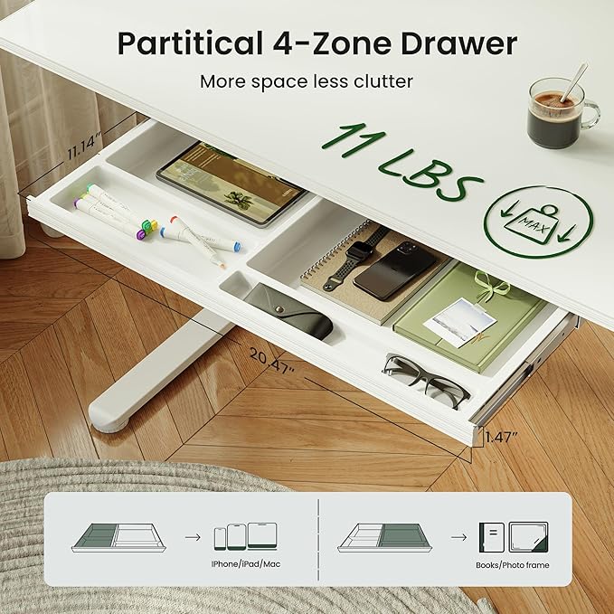 CubiCubi 55x24 Standing Desk with Glass Top, Height Adjustable Computer Desk with Drawer, One-piece Rising Home Office Desks with Positon Memory, Sit Stand Up Electric Workstation Table, White