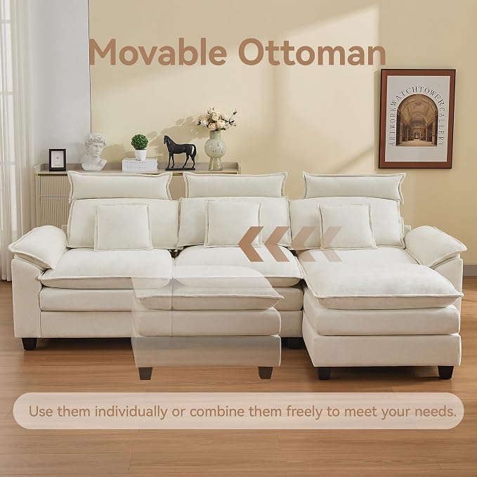 103'' Cloud Modern 3 Seater Couch with Detachable Headrest, Modular Sectional Sofa with Ottoman, Oversized L Shape Chenille Comfy Sofa with Armrests for Living Room, Beige