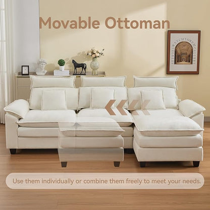 103'' Cloud Modern 3 Seater Couch with Detachable Headrest, Modular Sectional Sofa with Ottoman, Oversized L Shape Chenille Comfy Sofa with Armrests for Living Room, Beige