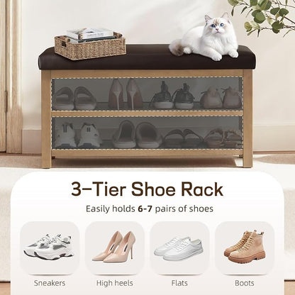 Zihanhome Shoe Rack Bench with Leather Cushion, 2 Tier Solid Wood Storage Bench, Mid-Century Modern Shoe Bench for Entryway, Hallway, Closet, Front Door Entrance, Foyer (Dark Brown, 31.5)