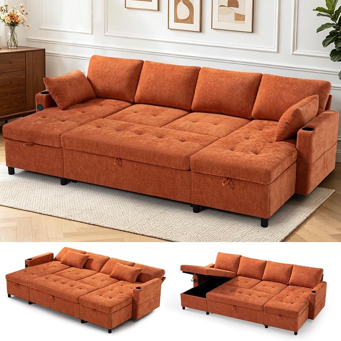 110" Chenille Pull-Out Couch Bed w/Adjustable Backrests, Orange | Sectional Sleeper Sofa w/USB Ports & 2 Cup Holders, Upholstered U-Shaped Couch w/Storage Chaise for Living Room, House