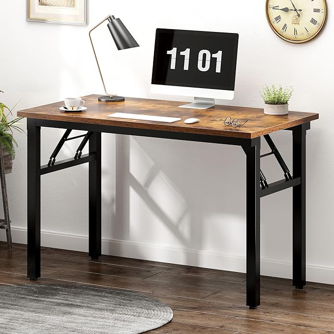 Need 39.4 Inch Folding Desk for Small Spaces, Home Office Computer Desk with Rustic Brown Tabletop & Black Metal Frame, Foldable Writing Table for Study, Bedroom, Dorm Room & Student