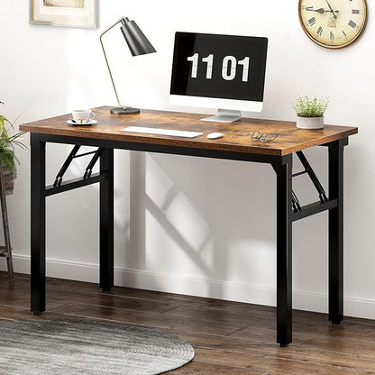 Need 39.4 Inch Folding Desk for Small Spaces, Home Office Computer Desk with Rustic Brown Tabletop & Black Metal Frame, Foldable Writing Table for Study, Bedroom, Dorm Room & Student