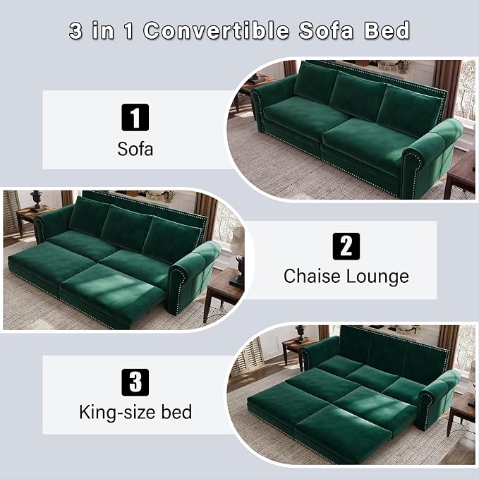 93.7" King Size Sleeper Sofa Bed, Pull Out Sofa Bed, Velvet Upholstery, 3 in 1 Convertible Sleeper Couch, Chaise Lounge, Retro Recliner for Living Room, Office, Apartment, Green