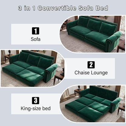 93.7" King Size Sleeper Sofa Bed, Pull Out Sofa Bed, Velvet Upholstery, 3 in 1 Convertible Sleeper Couch, Chaise Lounge, Retro Recliner for Living Room, Office, Apartment, Green