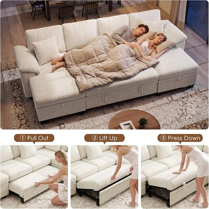 Ihanherry 108" Modular Sectional Sofa with Pull Out Bed, 6-Seater U Shaped Sectional Sleeper Couch with Storage Ottoman, Chenille Convertible Couches for Living Room, Apartment (Beige)