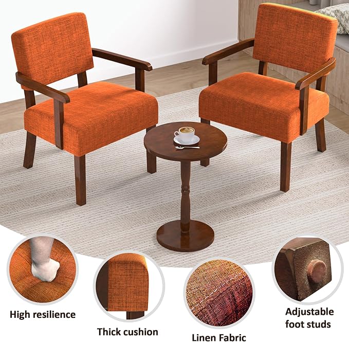 FAGAGA Accent Chair Set of 2 with Table, Upholstered Living Room Chairs with Wood Frame, Modern Oversized Reading Armchair for Bedroom Waiting Room (Orange)