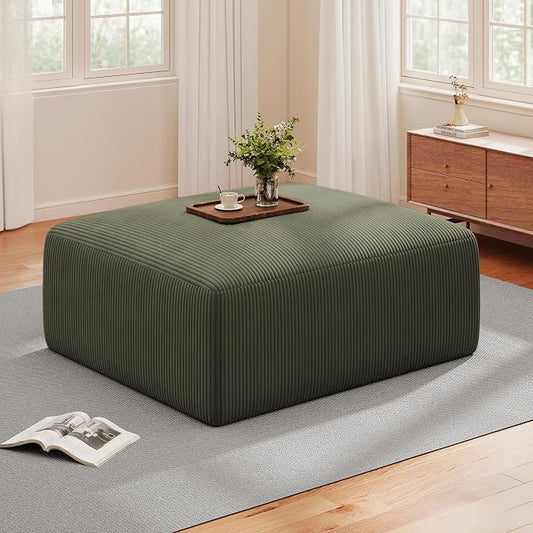 40" Oversized Square Corduroy Ottoman Pouf - Poofy Soft Foot Rest with Foam Chunk Filling, Movable Large Ottoman Pouf Footstool for Living Room Sofa Couch Bedroom, Green(1 Piece)