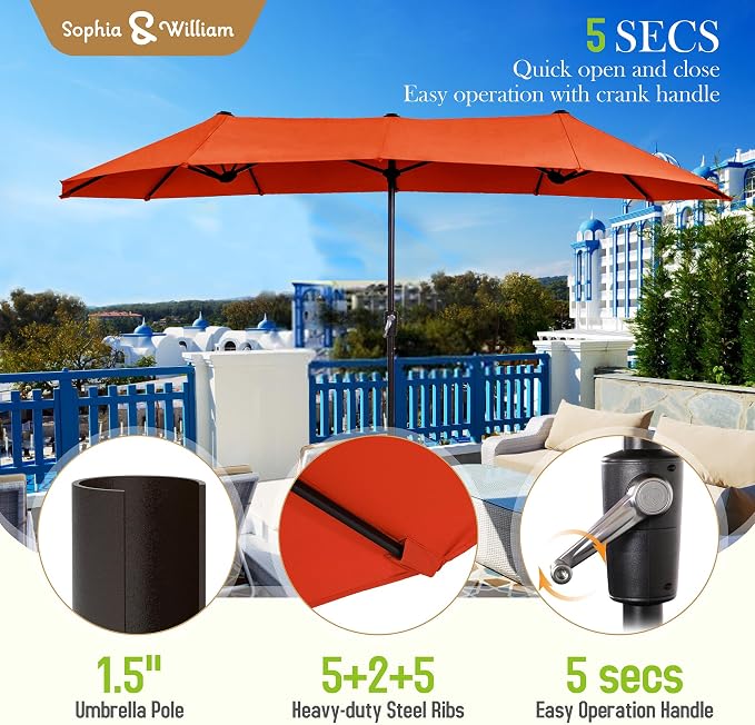 Sophia & William Patio Set with Umbrella 8 Pieces Outdoor Dining Set for 6 with 13ft Outdoor Orange Red Umbrella, 6 x Swivel Patio Chairs with 59" Dining Table for Lawn Garden (No Umbrella Base)