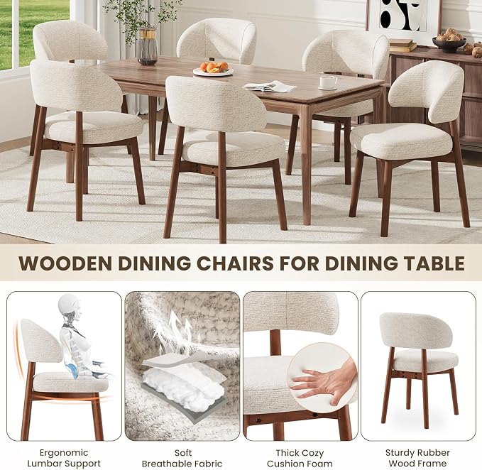 MALOL Wooden Dining Chairs Set of 4, Modern Upholstered Dining Room Chair, Fabric Kitchen Side Chairs with Curved Open Back for Living Room/Restaurant/Cafe, Beige