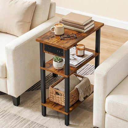 HOOBRO Narrow Side Table, 3-Tier Slim End Table with Charging Station, Skinny Nightstand with Open Storage, for Small Spaces, Living Room, Bedroom, Study, Rustic Brown and Black BF340UBZ01