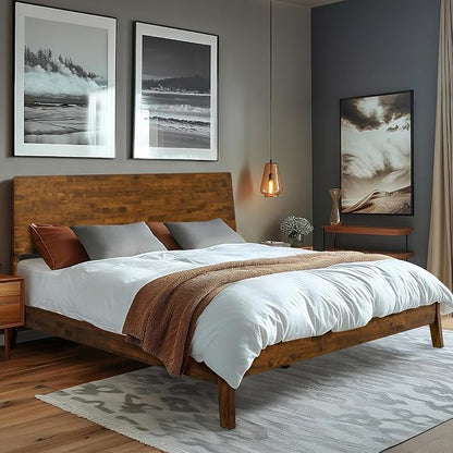 Acacia Serenity Bed Frame with Headboard Solid Wood Platform Bed, Queen Bed Frame, Tall Headboard Wood Bed Compatible with All Mattress Types, No Box Spring Needed, Quick & Easy Assembly, Caramel