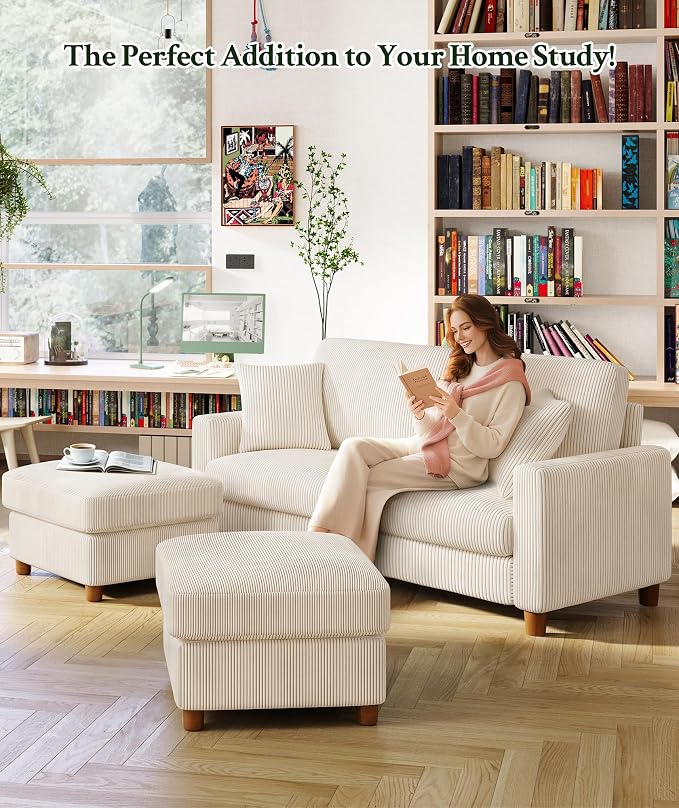 Welzona 70.2" Couches for living room, Comfy U Shaped Couch Beige 7.1" Thicker Cushion, Sofas for Living Room Tool-Free Setup, Loveseat with Ottoman 7058lbs Support, Corduroy Couch for Bedroom, Office