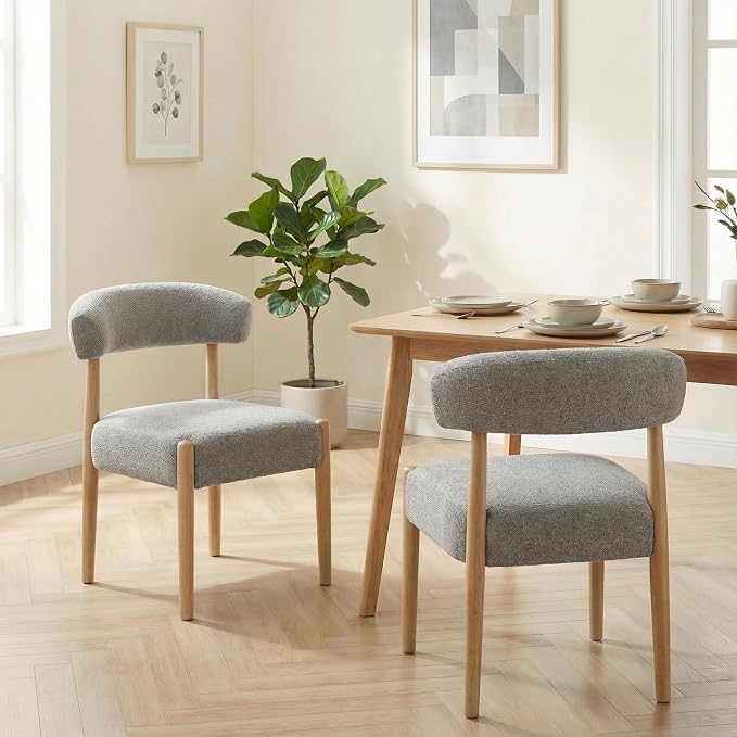 VKNOW Wooden Dining Chairs Set of 2 with Curved Open Back, Gray | Natural Rubberwood Legs, Soft Chenille Fabric, Thickened Cushion, For Adults and Family, Dining Room, Kitchen, No Wobble