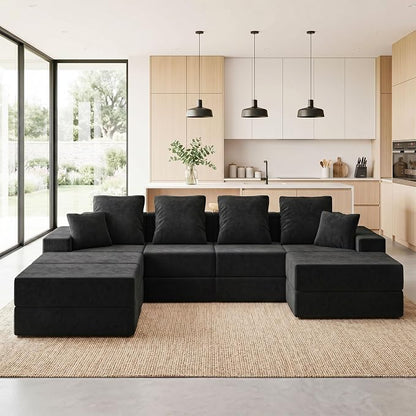 Living&Giving 128" U-Shaped Cloud Sectional Couch for Living Room, Cloud Boneless Couch-No Assembly with Reversible Chaise, Customizable 4-Seat Modular Sectional Sofa with 3 Ottoman, Black