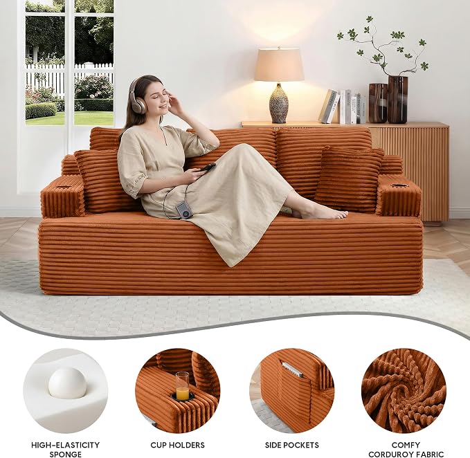 86.2'' Boneless Sofa Couch with Cup Holders & Side Pockets, Modern Corduroy Fabric Upholstered 3-seat Couch with 2 Throw Pillows for Living Room, Office, No Assembly (Orange)