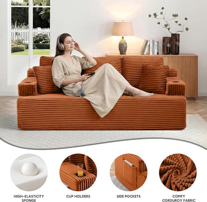 86.2'' Boneless Sofa Couch with Cup Holders & Side Pockets, Modern Corduroy Fabric Upholstered 3-seat Couch with 2 Throw Pillows for Living Room, Office, No Assembly (Orange)