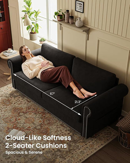 Queen Pull Out Sofa Bed | 83" Large Sleeper Sofa with Queen Size Mattress | 2-in-1 Convertible Loveseat Sofa-Bed with USB Ports Side Pockets Black