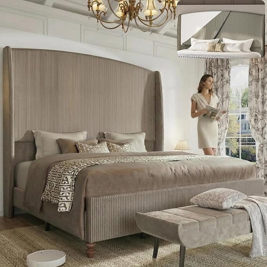 65.7" Tall Headboard California King Size Upholstered Bed Frame with Wingback, Soft Washable Corduroy Beds Cover, Solid Wood Legs, Noise-Free, No Box Spring Needed, Light Gray
