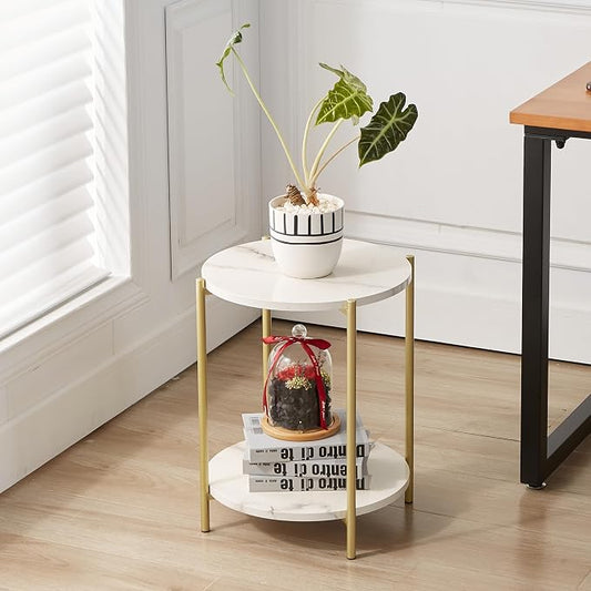 Gawicpy 2 Tier Round Side Table, Folding End Tables Coffee Table Simplistic Sofa Table Waterproof Removable Tray Table Indoor Outdoor Accent Table for Living Room Bedroom (Faux Marble White, 1pcs)