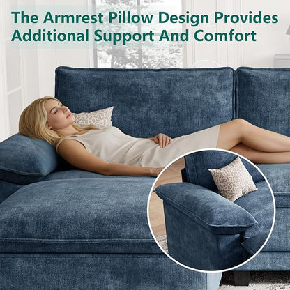 Modern U Shaped Sofa Couches for Living Room, Modular Sectional Cloud Couch with Movable Ottoman, Comfy Chenille Sofa for Apartment and Small Space, Blue