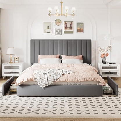 Allewie King Size Storage Bed Frame, Vertical Channel Tufted Adjustable Headboard, Velvet Upholstered Platform Bed with 4 Oversized Underbed Drawers, Wooden Slats Support, No Box Spring Needed, Grey