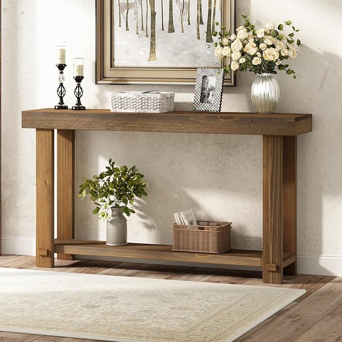 HOKYHOKY Solid Wood Console Table for Entryway, 54.3" Farmhouse Entryway Tables with Thickened Tabletop and Legs Rustic Narrow Skinny Behind Couch Long Sofa Table for Living Room, Hallway, Foyer