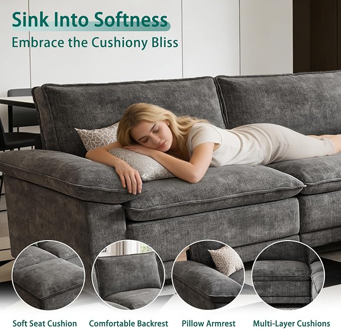 Modern U Shaped Sofa Couches for Living Room, Modular Sectional Cloud Couch with Movable Ottoman, Comfy Chenille Sofa for Apartment and Small Space, Dark Gray