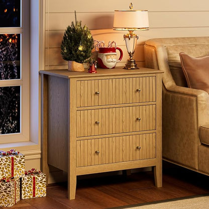 Night Stand, Fluted 3 Drawer Wide Farmhouse Nightstand with Gold Handle, Modern Wooden Bedside End Table for Bedroom, Living Room, Oak